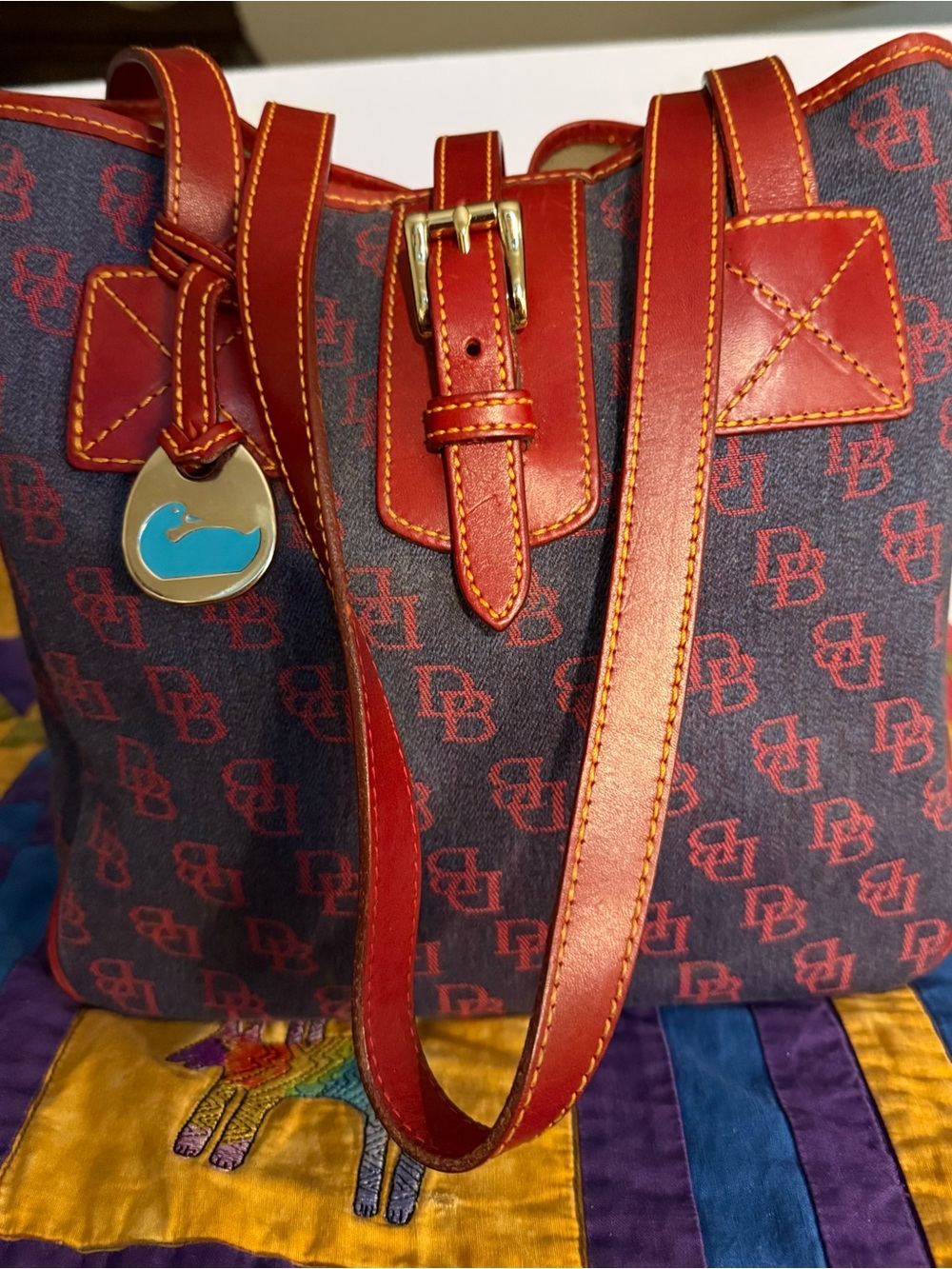 Dooney Denim Blue and Red Leather Trim Tote